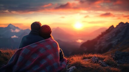 Obraz premium Couple Embracing Under a Blanket Experiencing a Breathtaking Mountain Sunset Symbolizing Serenity in Their Relationship
