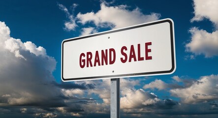 Fototapeta premium grand sale text on road sign with clouds and sky background