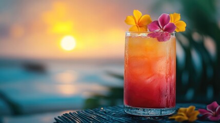 Tropical cocktail with vibrant summer drinks against a vacation inspired backdrop