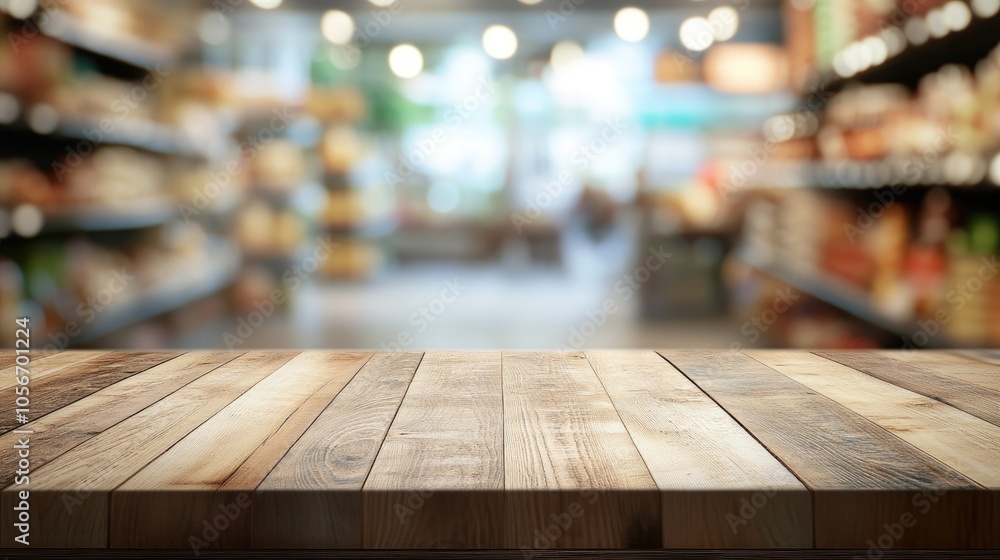 Poster abstract view of a clean wooden tabletop with a blurred grocery background ideal for product display