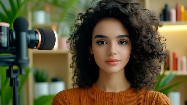 A dynamic stock photo featuring a young influencer filming a tutorial video on beauty tips, surrounded by an array of colorful makeup products and lush green plants