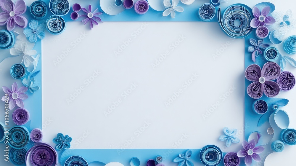 Poster abstract frame featuring a blue border on a white background adorned with violet circles and handmad
