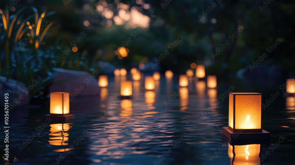 Aufkleber illuminated lanterns floating on water at twilight in a calm and tranquil setting