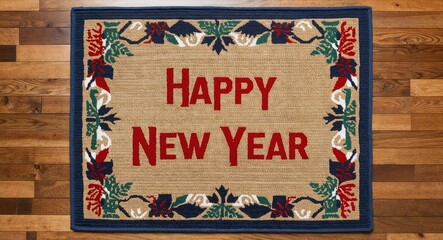 Fototapeta premium happy new year text on mat rug in wooden floor background