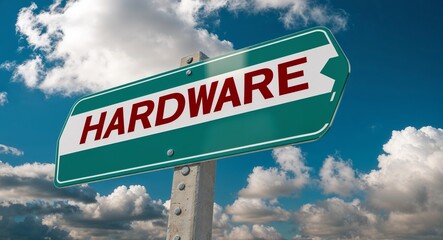 Fototapeta premium Hardware text on road sign with clouds and sky background
