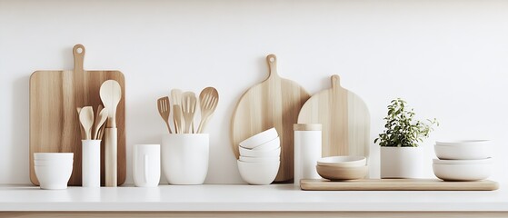 Elegant Minimalist Kitchen Accessories with Wooden Utensils and White Ceramic : Generative AI