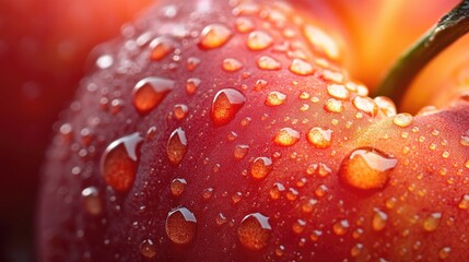 Fresh peach fruit with droplets of water showcasing intricate closeup details