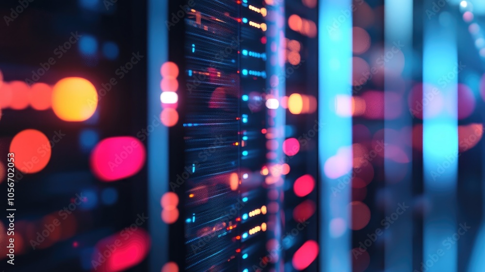 Poster an image of a secure server room focused on data protection featuring a blurred background and ample