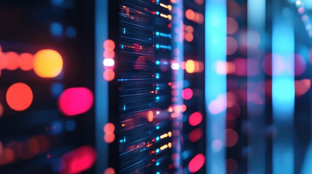 An image of a secure server room focused on data protection featuring a blurred background and ample copy space