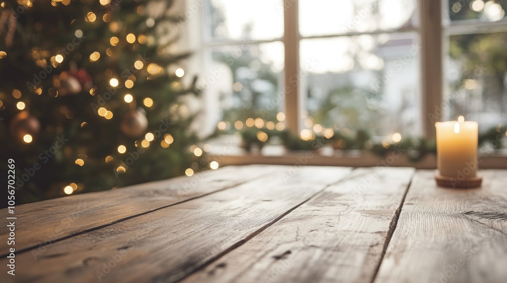 Poster cozy wooden table with a christmas tree in front of a window featuring a softly blurred background