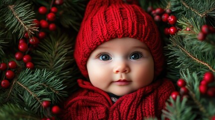 Charming baby wearing a red knit hat amidst festive pine branches and berries embodying the cozy spirit of the holiday season