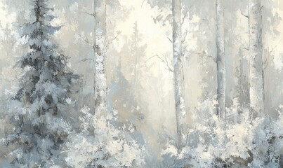 Winter Forest Painting, Abstract Art, Brushstrokes, Canvas Texture, Cold Weather, Nature Scene, Woodland, Birch Trees, White Trees, Gray and White