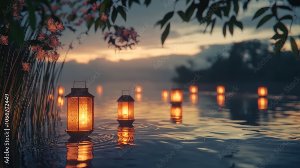 Aufkleber illuminated lanterns floating on water at twilight in a calm and tranquil setting