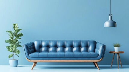 Blue leather sofa with wooden frame set against a light blue wall Features include a hanging lamp small table and potted plant showcasing a minimalist living room design