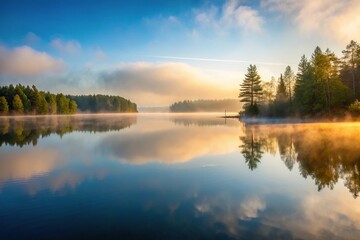 Fototapeta premium Gentle morning fog rolling in over a peaceful lake, calm water, atmospheric conditions, cloudy sky