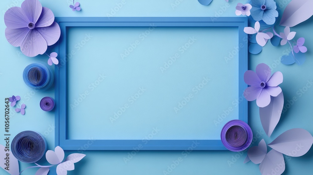 Poster abstract frame featuring a blue border on a white background adorned with violet circles and handmad