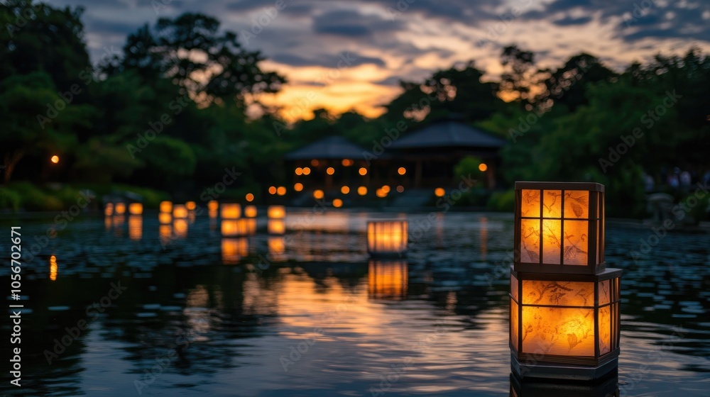 Aufkleber illuminated lanterns floating on water at twilight in a calm and tranquil setting