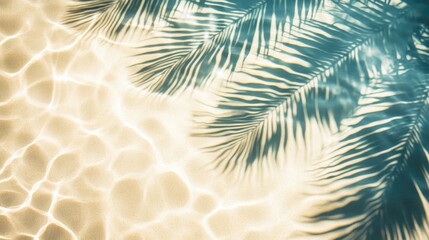 Top view of tropical leaf shadows on a water surface The silhouette of palm leaves against a sandy background creates a beautiful abstract design ideal for summer vacation concepts