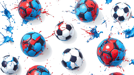 Vibrant Collection of Soccer Balls With Blue and Red Paint Splashes Generative AI
