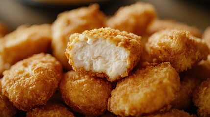 Close up view of crispy chicken nuggets with a fast food theme