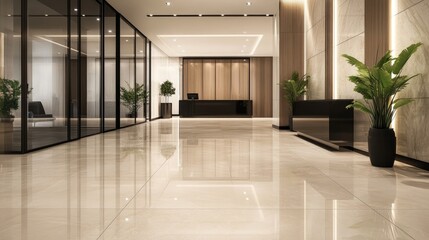 Modern lobby interior of a commercial building featuring a polished floor in the office hall after professional cleaning showcasing marble tiles as part of the design concept
