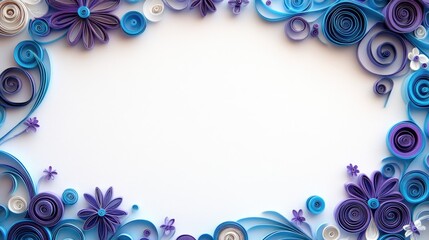 Abstract frame featuring a blue border on a white background adorned with violet circles and handmade paper decorations showcasing a quilling craft aesthetic