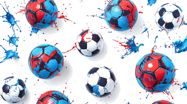 Vibrant Collection of Soccer Balls With Blue and Red Paint Splashes Generative AI