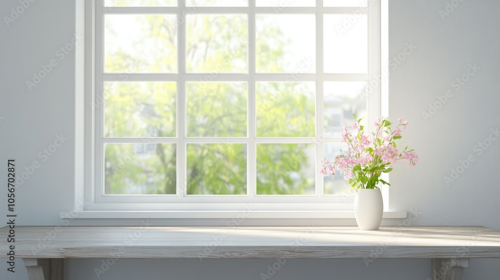 Poster white wooden table beside a spacious spring window with ample space for text or graphics