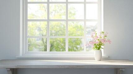 White wooden table beside a spacious spring window with ample space for text or graphics