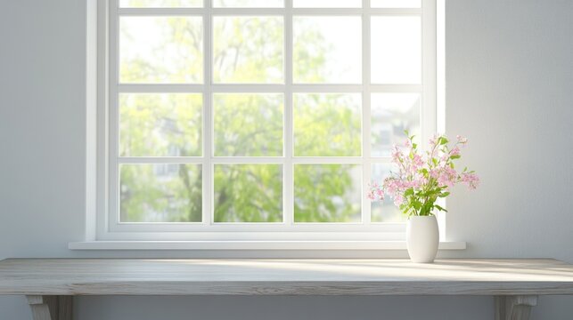 White wooden table beside a spacious spring window with ample space for text or graphics