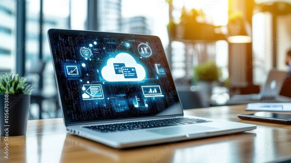 Poster modern bright workspace featuring laptop with cloud data visualization