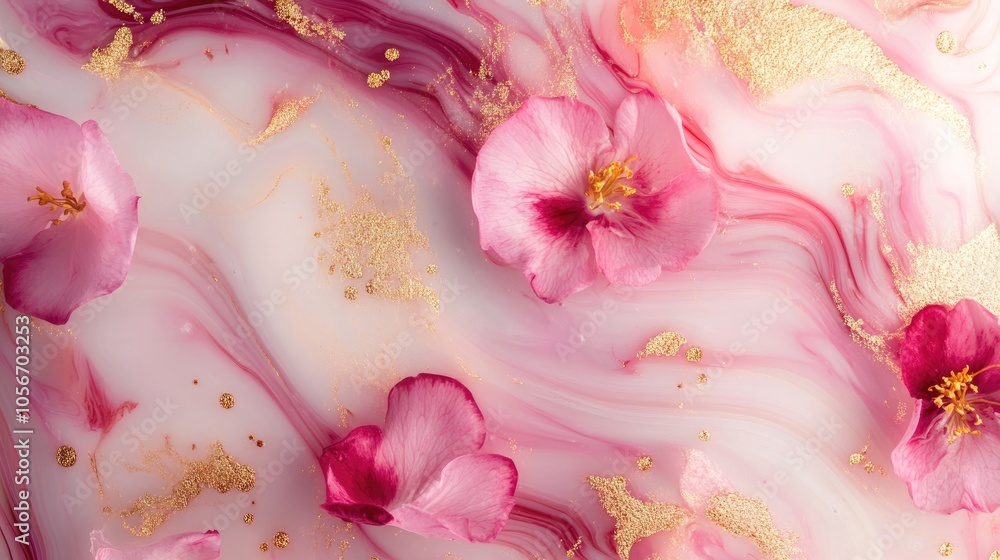 Poster abstract marbled stone texture with fluid ink patterns featuring pink petals and gold swirls creatin