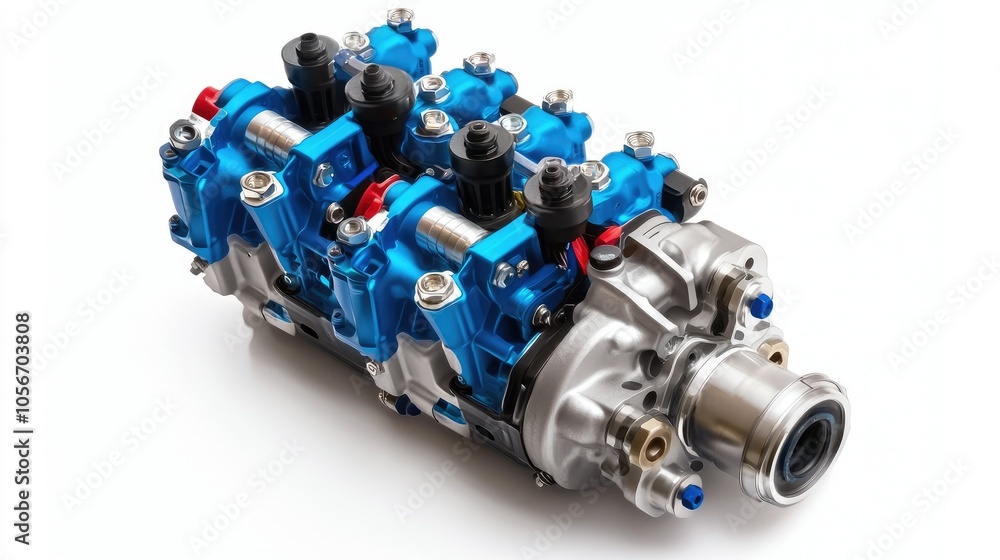 Poster closeup view of high-performance ice engine intake manifold in minimalist design