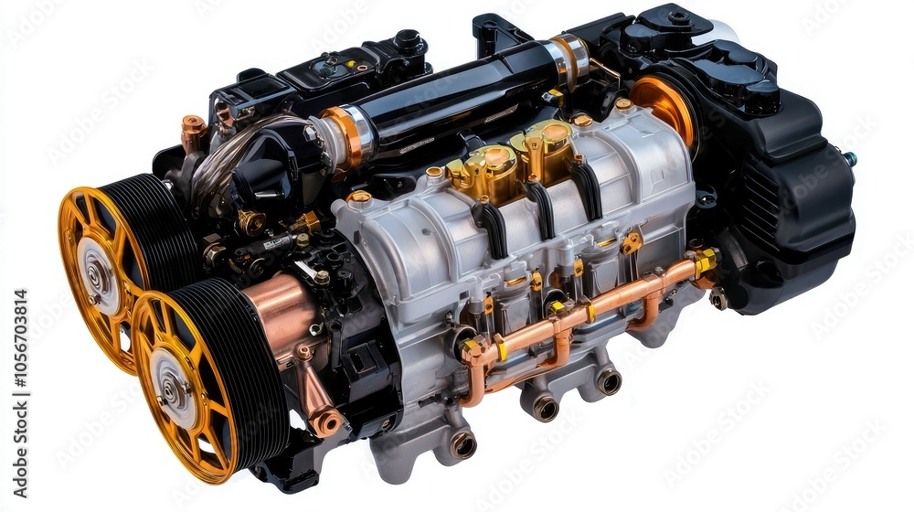Poster detailed cutaway view of an internal combustion engine showcasing internal components and design fea