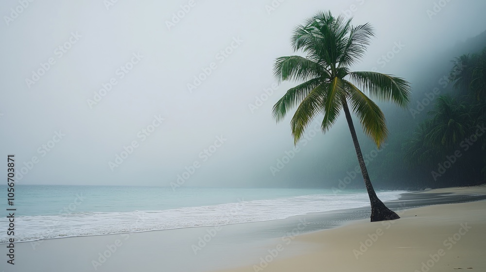 Poster Solitary palm tree on a pristine beach with calm waters and mist creating a serene coastal landscape