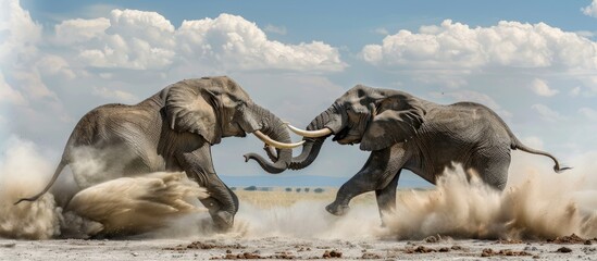 Two Elephant Bulls Fighting On A Hot Day