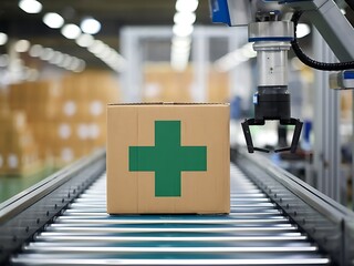 Efficient Medical Supply Chain: Cardboard Boxes with Green Crosses Move Along Conveyor Belt in Modern Warehouse