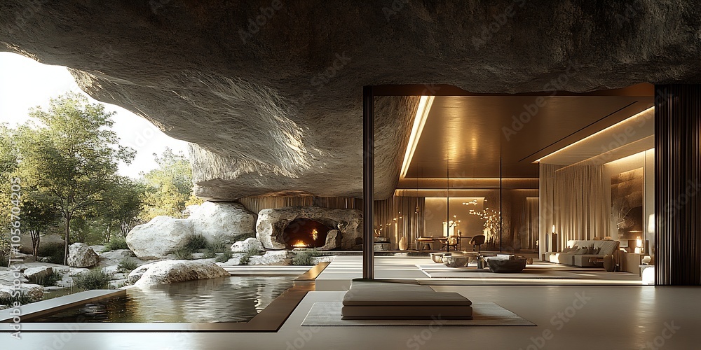 Poster Modern Open Living Space with Panoramic Canyon Views and Stone Elements : Generative AI