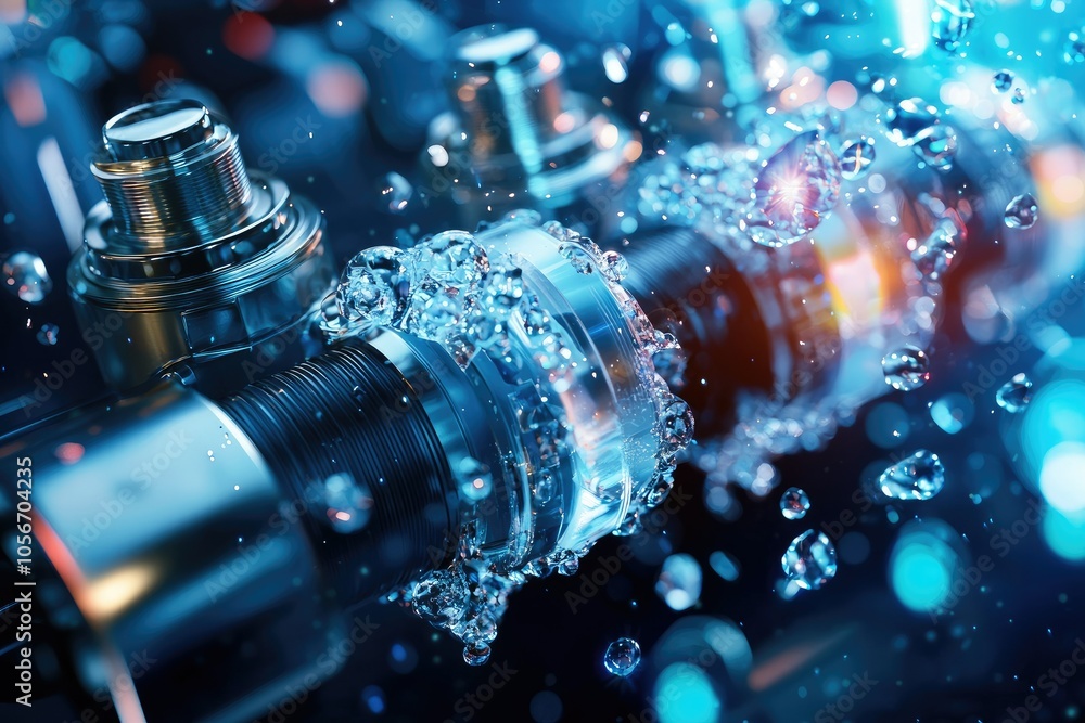 Poster dynamic water splash around precision engine components in vivid detail