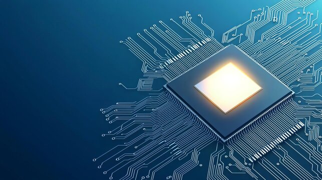 Close-up view of a microprocessor with intricate circuitry, highlighting technology and innovation against a blue gradient background.