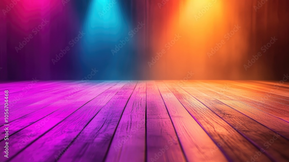 Poster minimalist wooden surface with vibrant abstract disco lighting ideal for showcasing products or obje