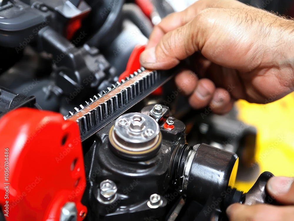 Poster technician performing precision adjustments on ice engine timing belt for optimal performance