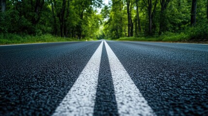 Fototapeta premium Asphalt road featuring double white lines bordered by a row of green trees