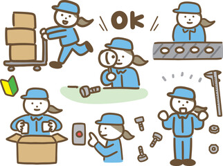 工場で働く作業服の女性のいろんな仕事のセット(ベクター)