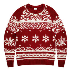 A cozy red sweater featuring white snowflake patterns, perfect for winter festivities and holiday gatherings.
