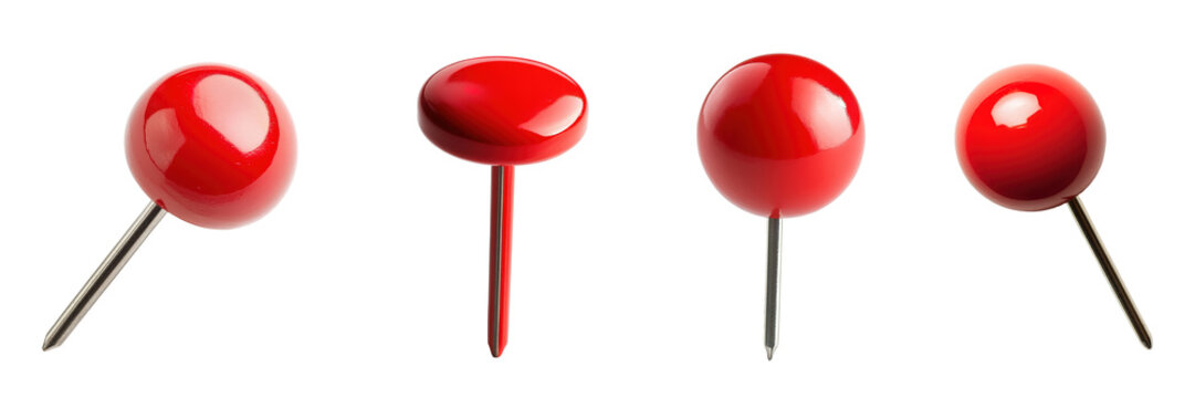 A close-up set of bright red push pin with a metallic needle