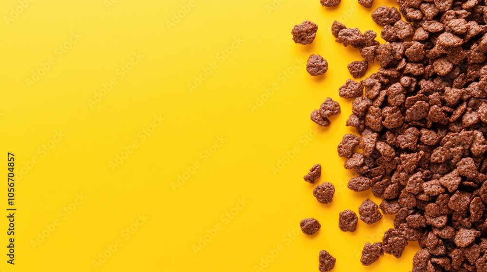 Poster top down perspective of chocolate corn flakes spread on a yellow surface with empty space for text o