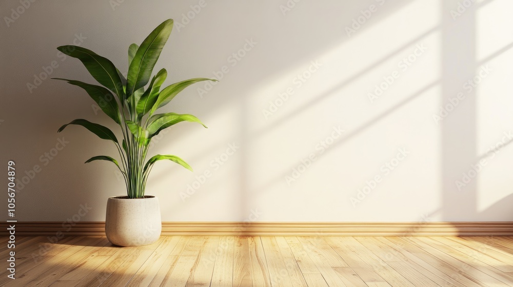 Poster empty room featuring a wooden floor with a plant pot positioned against the wall offering ample empt