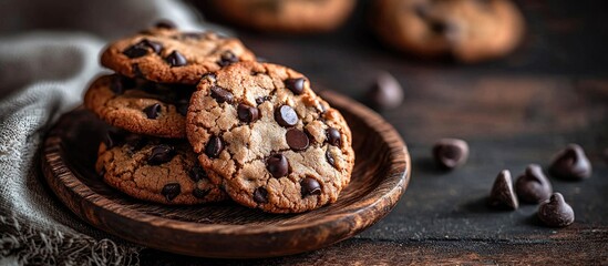 Fototapeta premium Side View Of Chocolate Chip Cookies On A Wooden Plate Over Rustic Background Selective Focus