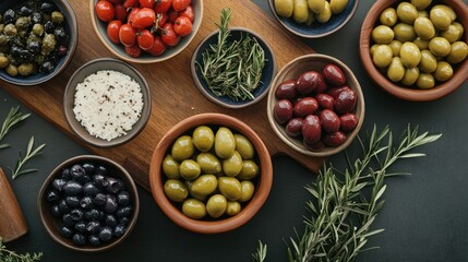 Obraz premium Top view of bowls filled with natural olives placed on a wooden kitchen board showcasing the rich texture and colors of the olives